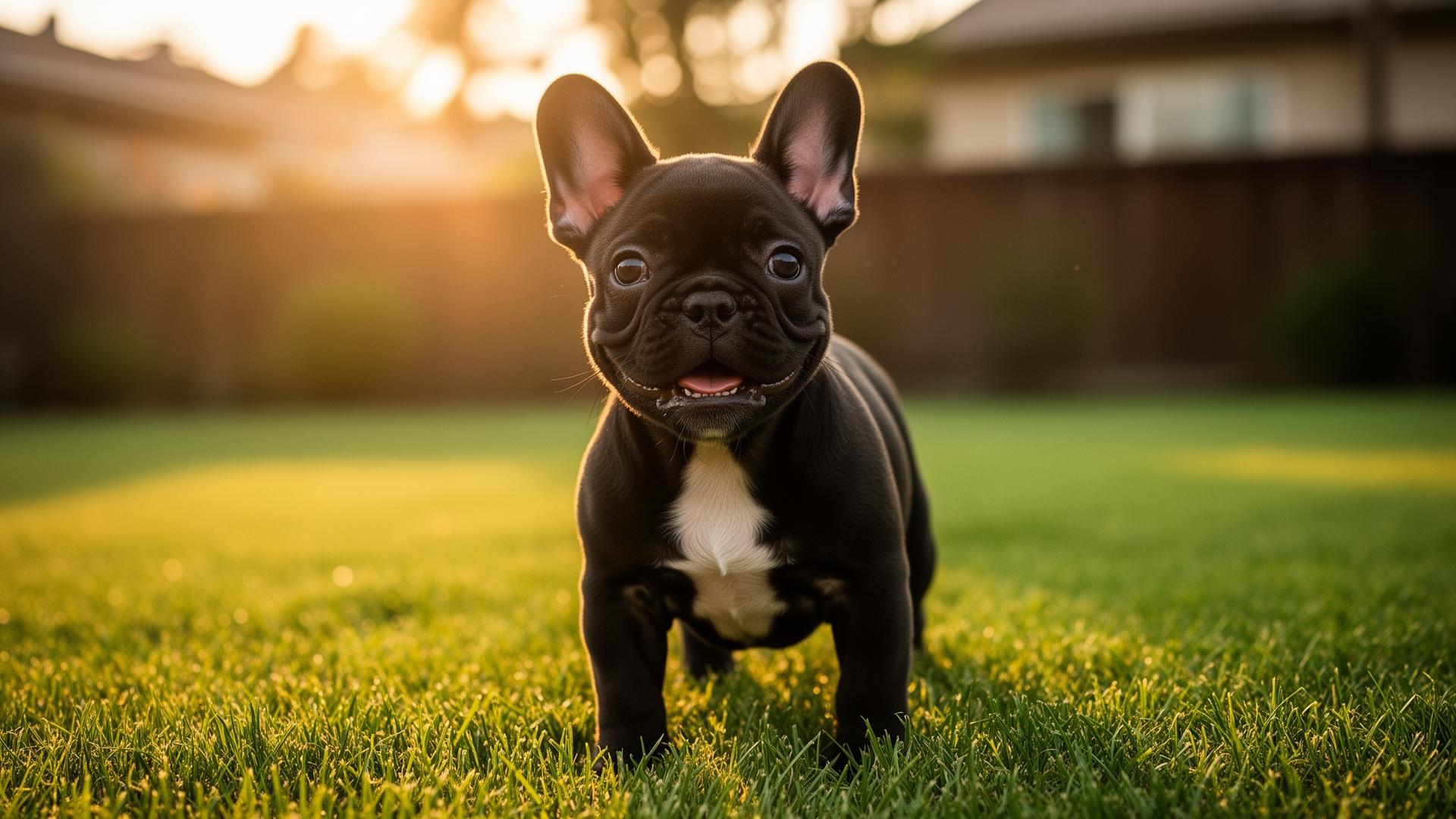 Black French Bulldog puppy on green grass in golden sunlight